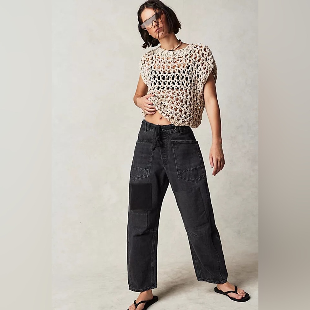 Free People We the Free Moxie Pull-On Barrel Jeans in Night Hawk
